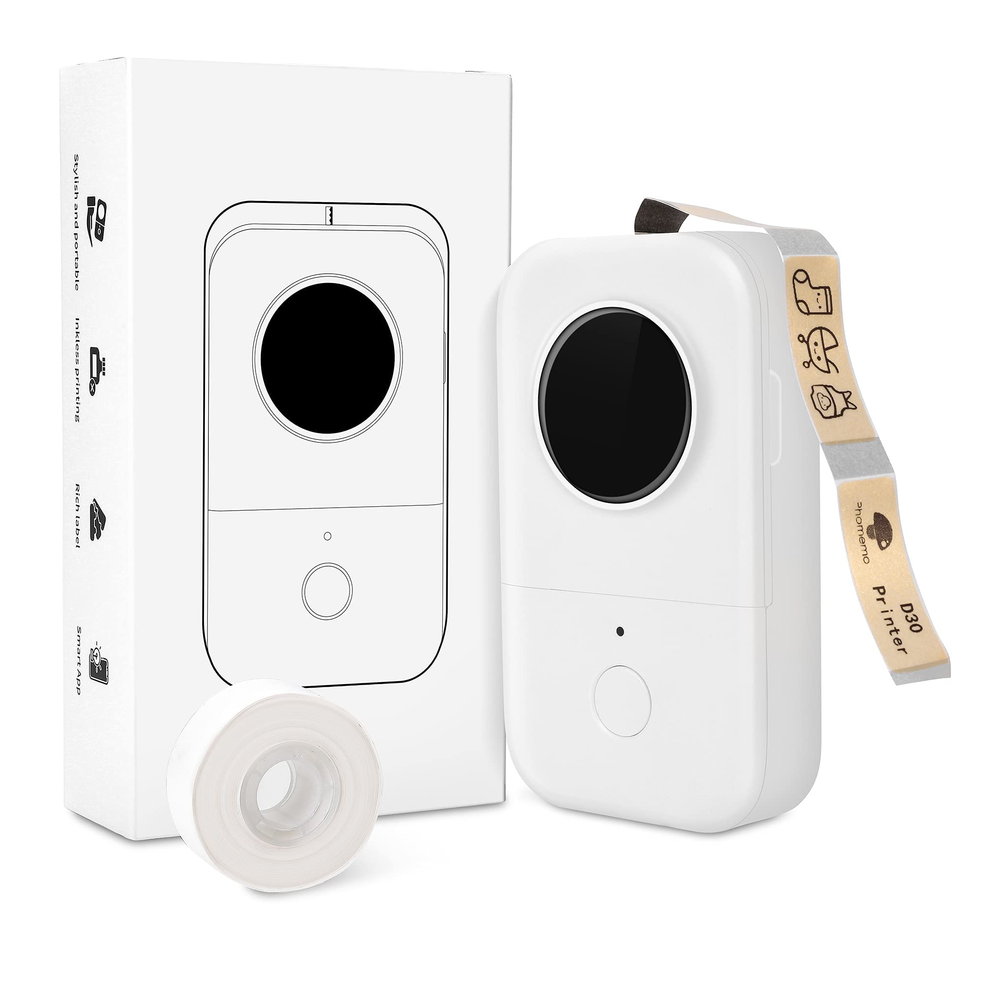 HASTHIP D30 Label Maker,Sticker Maker Machine with One Tape Inkless Small Bluetooth Label Printer for iOS and Android Thermal Inkless Printer for Home Office-White HASTHIP D30 Label Maker,Sticker Maker Machine with One Tape Inkless Small Bluetooth Label Printer for iOS and Android Thermal Inkless Printer for Home Office-White